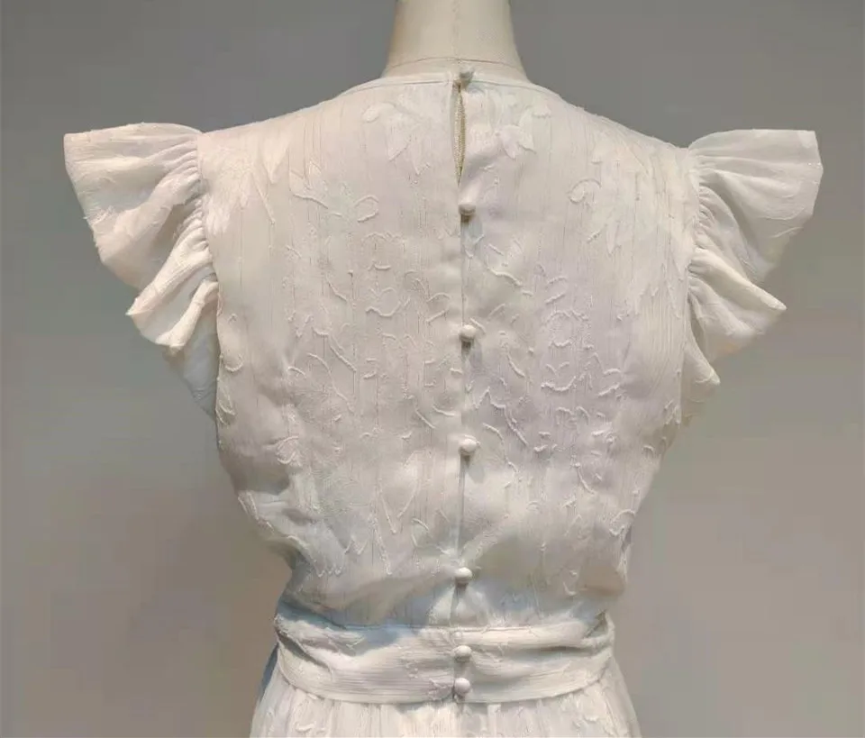 

DEAT 2021 new summer women clothes round collar lace hollow out single breasted high waist white long dress female vestido WP939