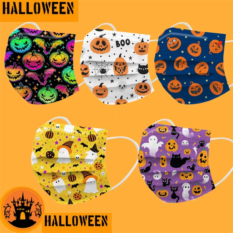 

50Pcs Halloween Safe Face Mask Children's Adults Breathable Mask Face Cubrebocas Cute Printed Disposable Mask Halloween Cosplay