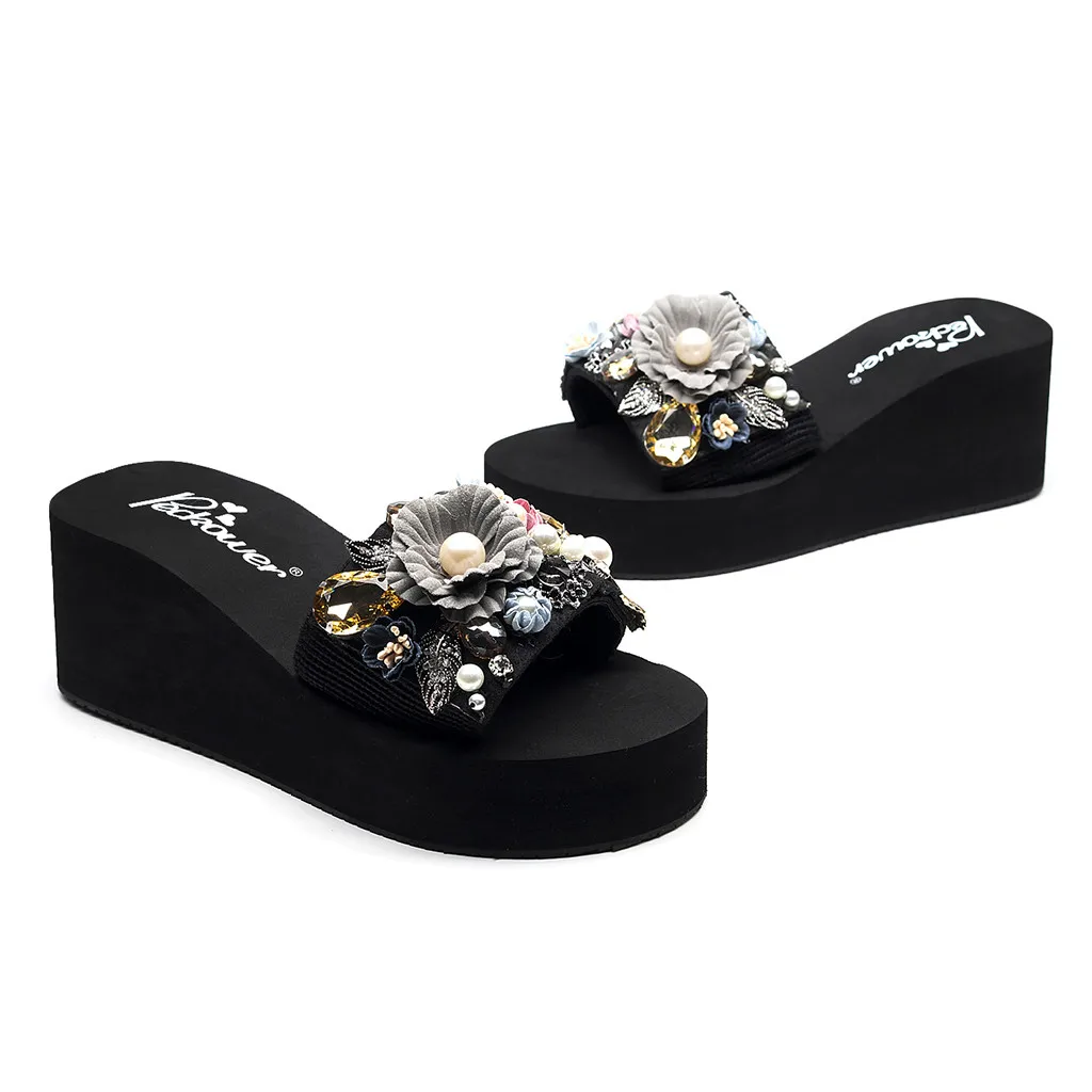 Женские летние тапочки привлекательные женские туфли на танкетке с кристаллами