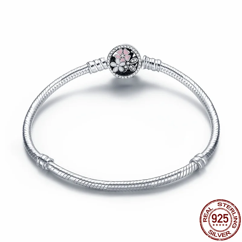 

100% 100% 925 Sterling Silver Snake Chain Blossom Flower Bangle & Bracelet Luxury Jewelry Fit For Pandora Charms Bead DIY Making