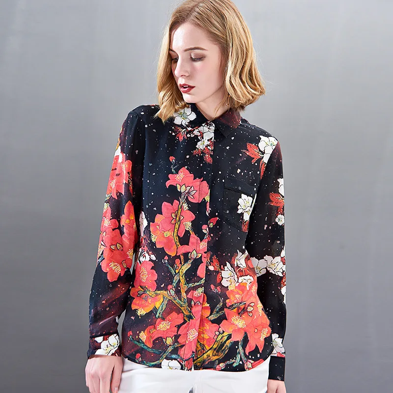 women s blouses and tops silk floral office formal casual shirts plus large size 2019 summer sexy Haut femme black red flower