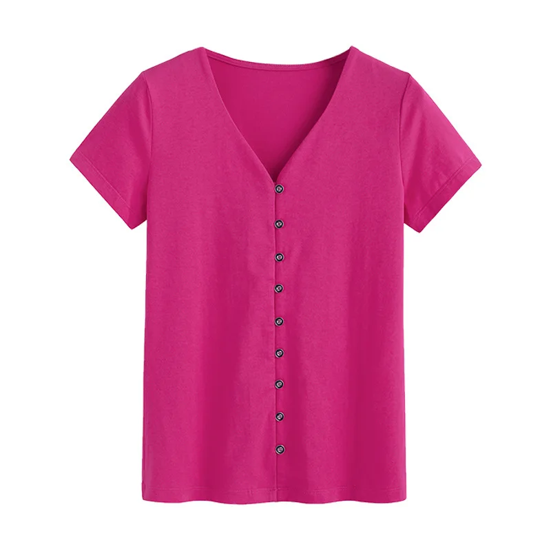 

2021summer new T-shirt women's short sleeve v-neck cardigan button cultivate high quality cotton euramerican fashion t-shirts