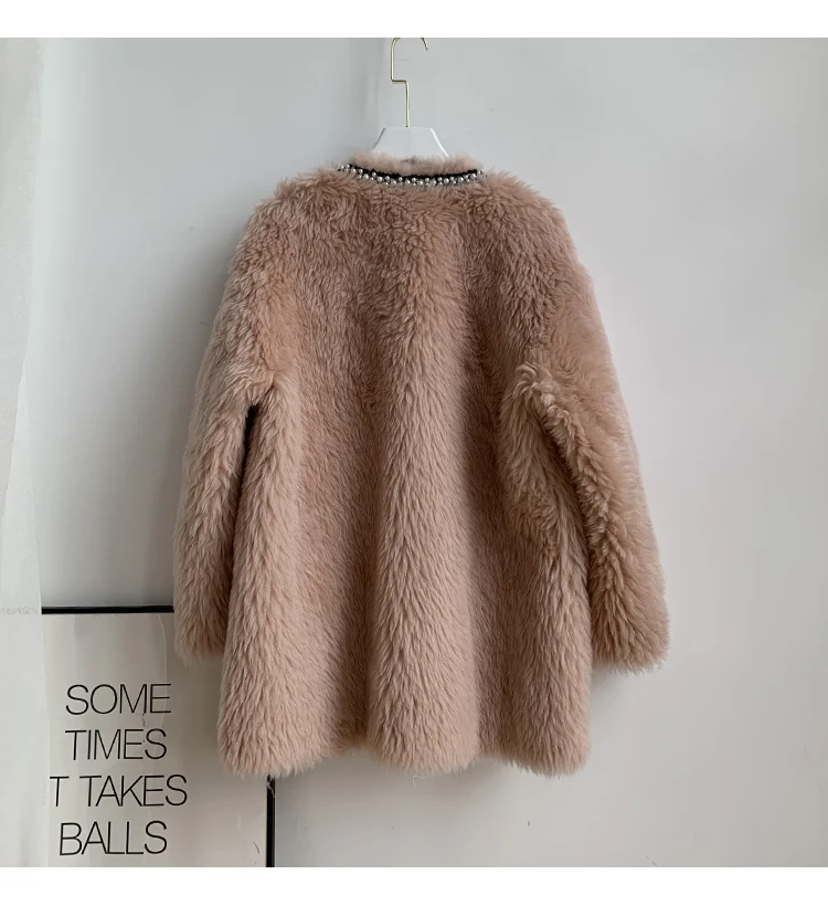 

New Designer Women's High quality Wool fur leather overcoat Chic lady elegant pearls beading V-neck Wool coat C786