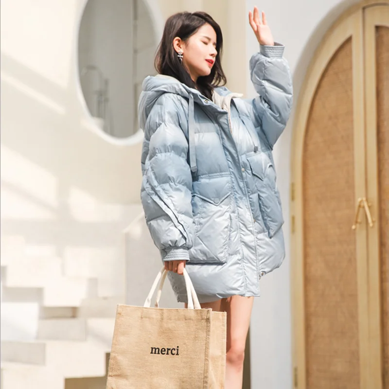 Женский пуховик с капюшоном синий черный хлопковый свободный чистый цвет теплое