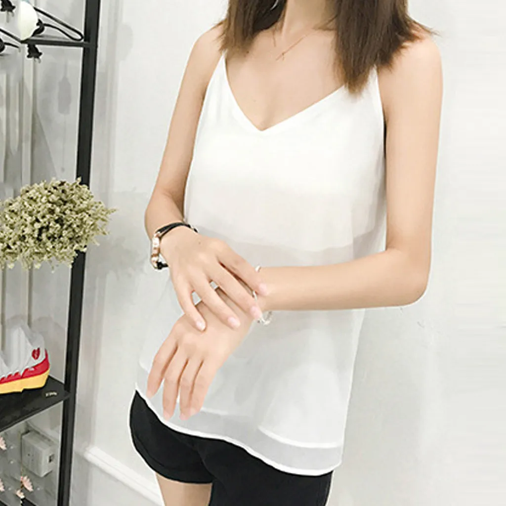 Женский шифоновый топ без рукавов повседневный свободный однотонный с v образным