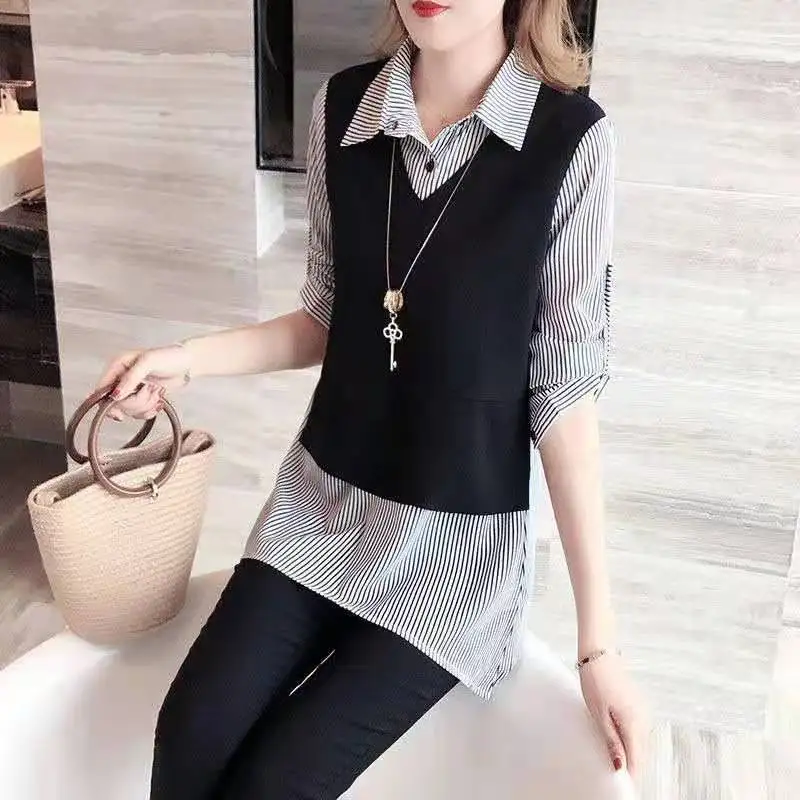 

New Spring Fashion Trendy Korean Mid-length Long Section Was Thin Fake Two Large-size Loose Chiffon Shirt Bottoming Coat Women