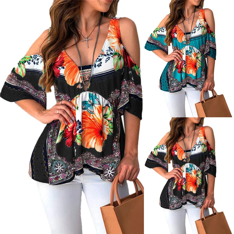 2020 Летняя женская Свободная Повседневная рубашка с v-образным вырезом Бохо