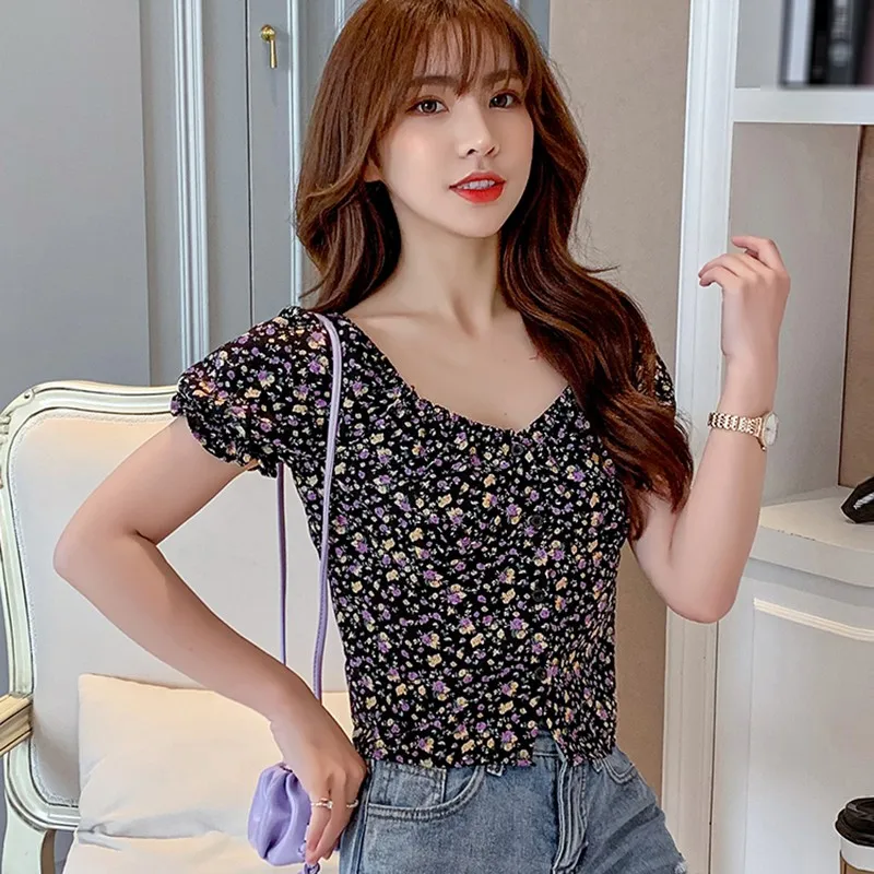 

Chiffon Shirt Fashion Sweet Floral Print Blouse Casual Wild Square Collar Short Sleeve Blouse Tops For Women