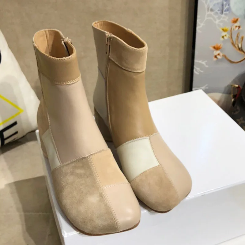 

2021 Autumn And Winter Women Short Boots Cow Suede Mixed Colors Zipper Design Thick Heel Shoes Fashion Square Toe Casual Pumps