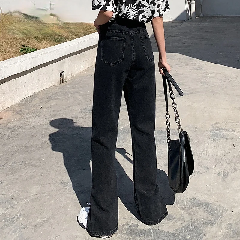 

New summer bell pants with high waist and split legs are cut in full length jeans