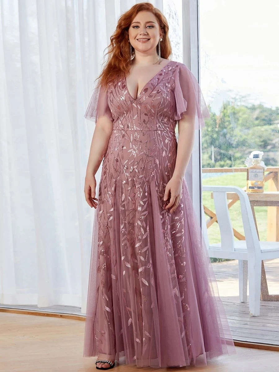 

Ever Pretty Romantic Shimmery Plus Size Ruffle Sleeves Maxi Long Evening Gowns Vestidos De Gala