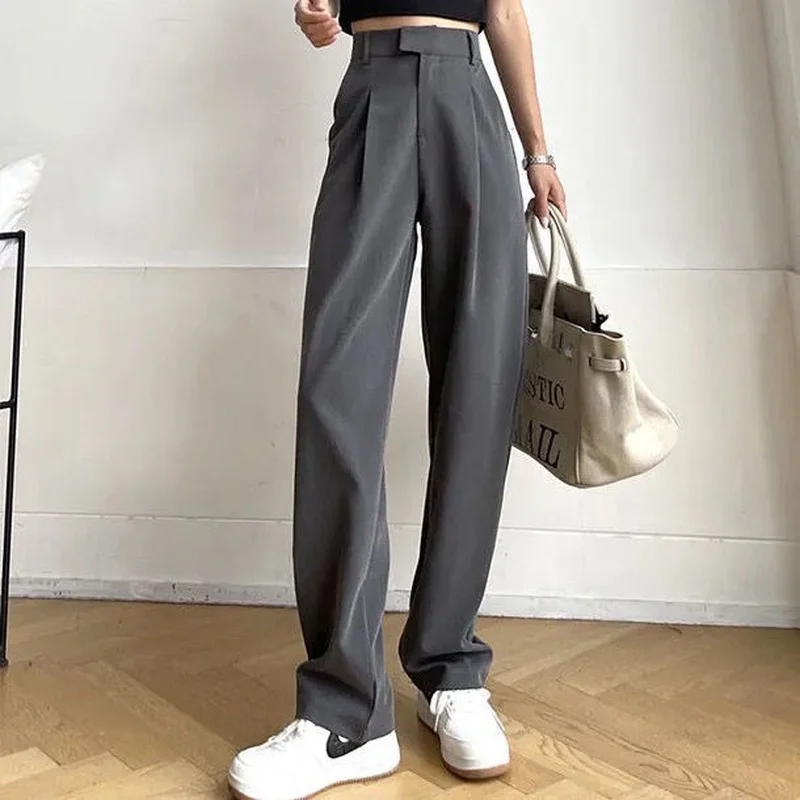 Womens Spring Autumn High Waist Casual Business Dress Pants Suit Pants Loose Straight Mopping Drapping Pants Wide Leg Pants Grey