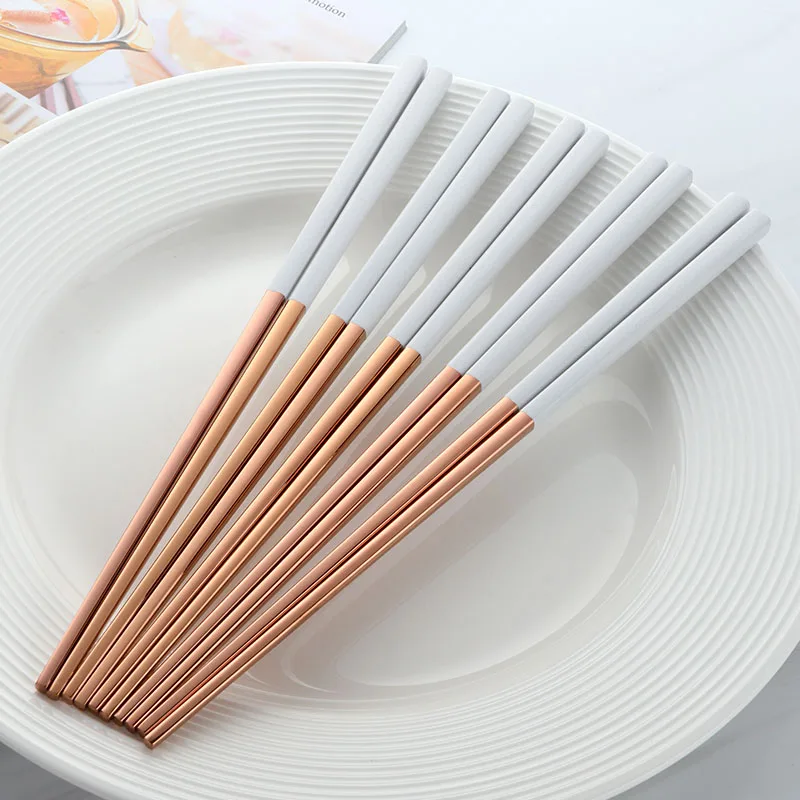 Rose Gold And White 5 пар палочек для еды из нержавеющей стали титановые китайские золотые палочки для еды набор черных металлических палочек для еды для суши - Цвет: Rose Gold And White