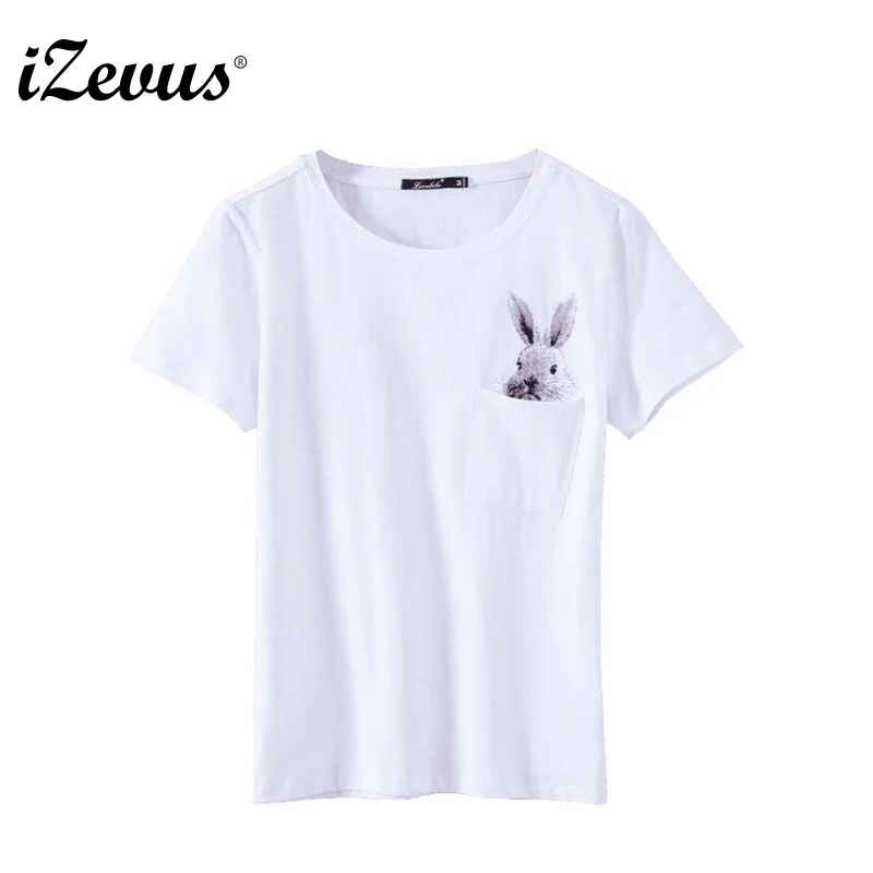 

IZEVUS Rabbit Print Pocket Top Elegant Tee 2020 Woman Minimalist Round Neck Short Sleeve Highstreet Tshirt