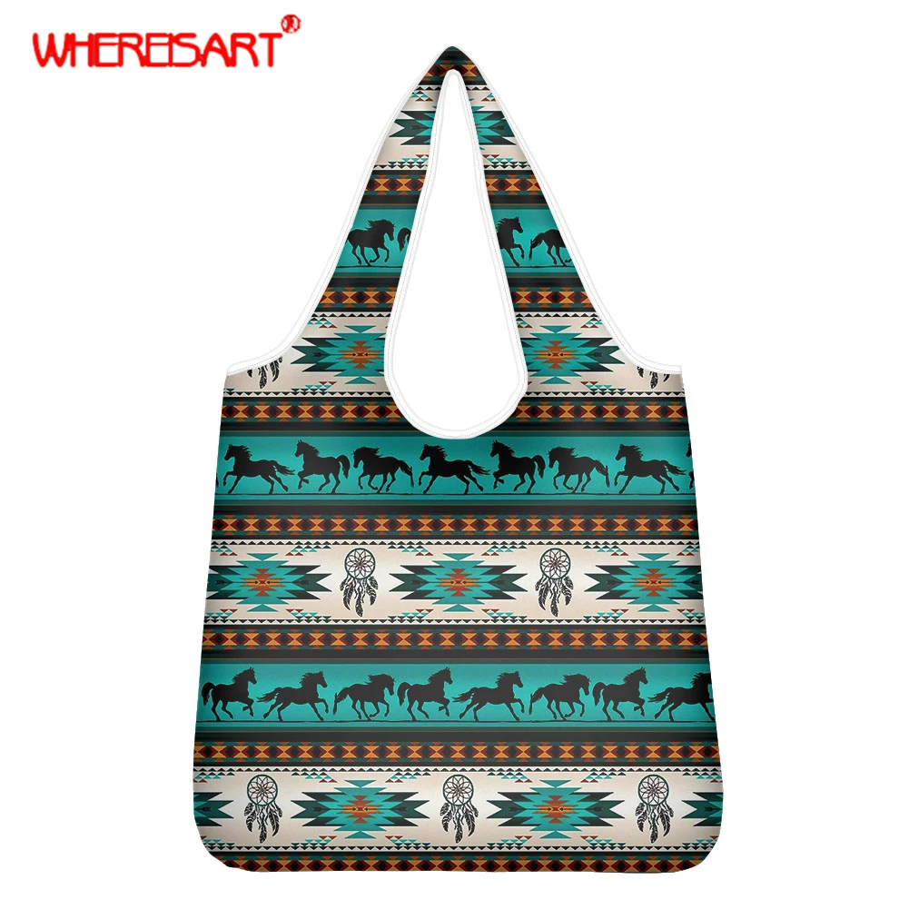 

WHEREISART Women Shopping Bags Tribe Pattern Horse Reusable Lady Shopper Totes Shoulder Bag Sac Casual Handbags Bolsa