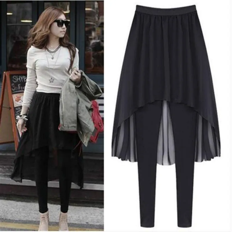 2020 Women's Leggings Autumn Plus Size Irregular Cropped Pants Skirt Fake Two-Piece Chiffon Pleated Dovetail Skirt Stacked