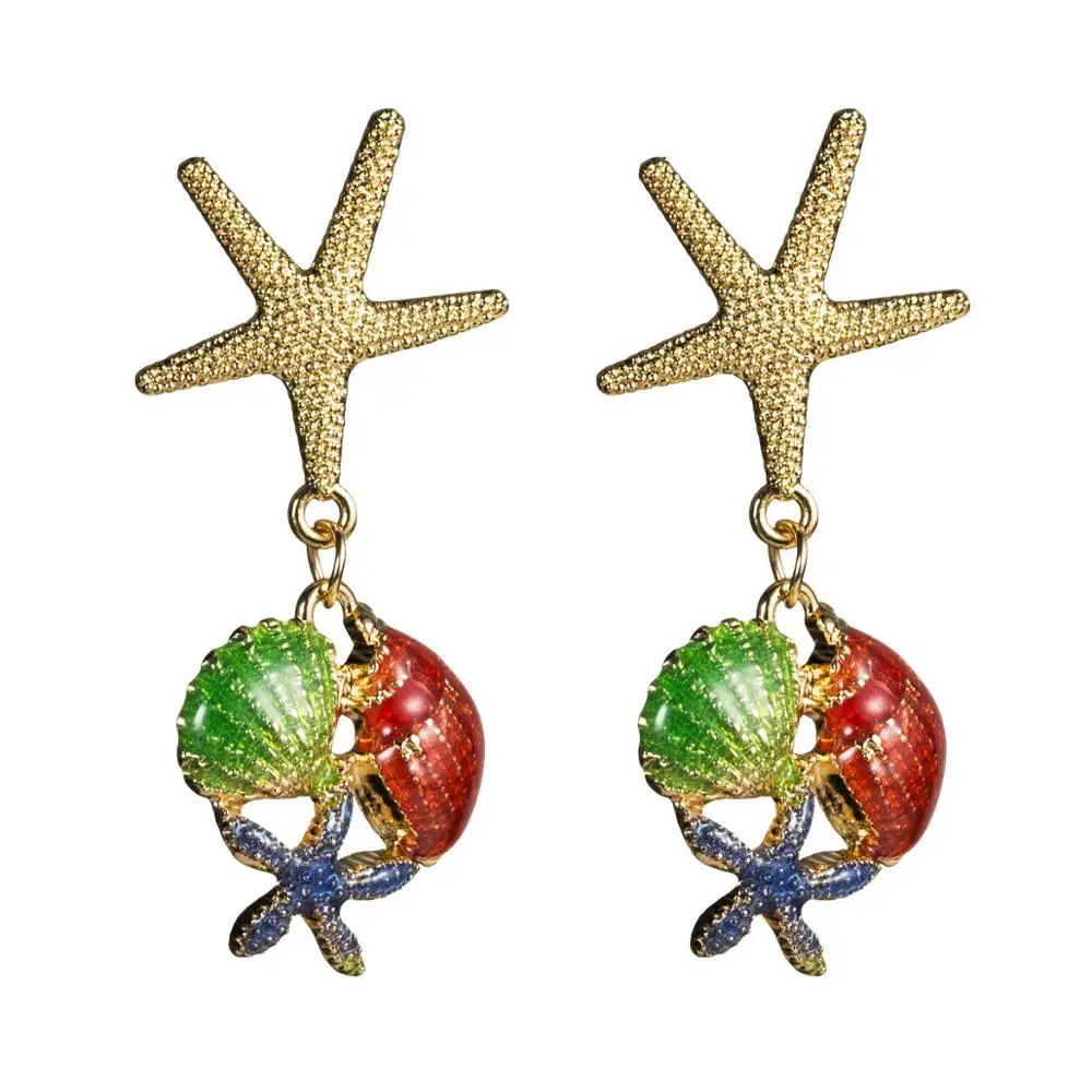 Fashion Green Blue Red Enamel Drop Earring For Women Starfish Shell Conch Shaped Statement Charm Dangle Beach Party Gift | Украшения и