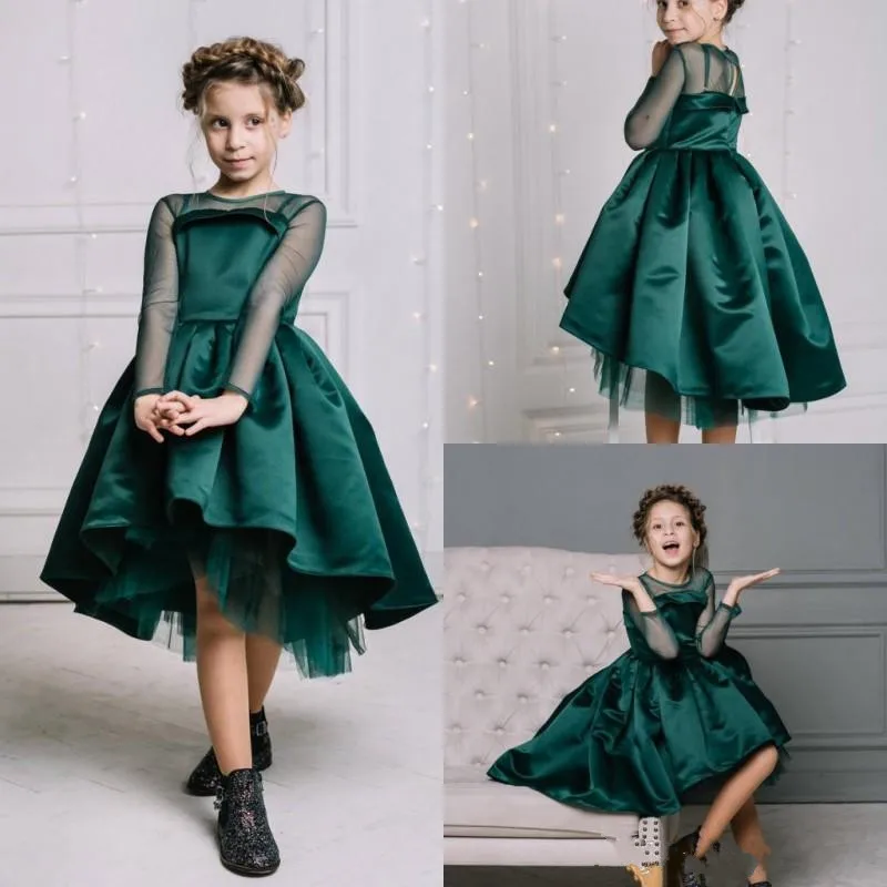 2020 New Dark Green Satin Flower Girl Dress For Wedding Sheer Neck High Low Princess Pleats Custom Made Kids Prom Dresses | Детская