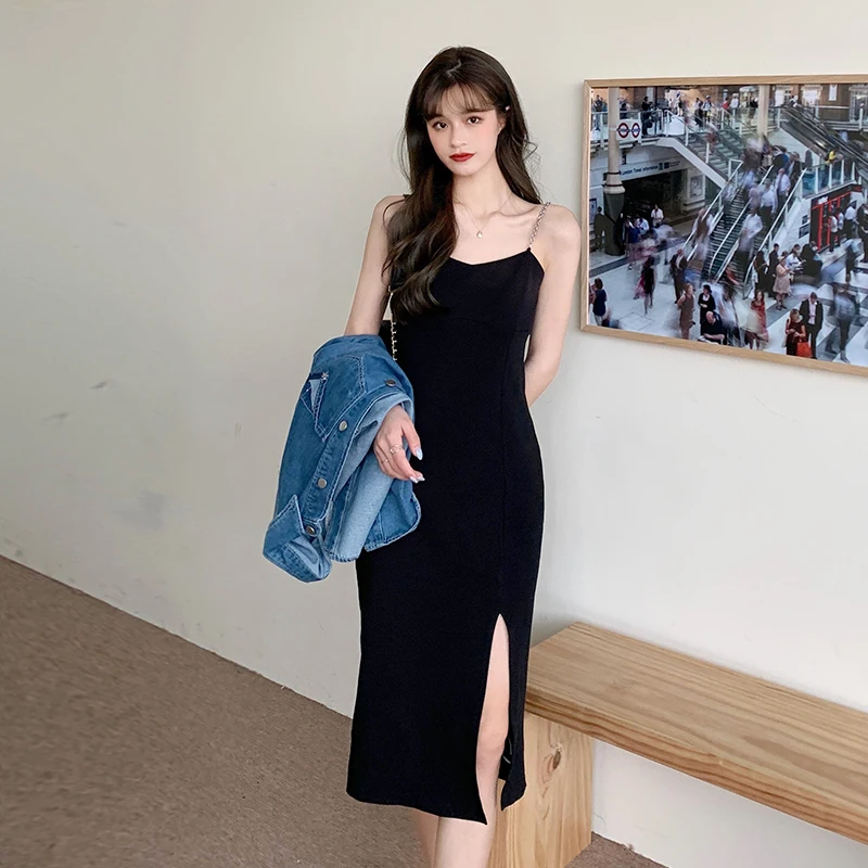 

Женское черное платье в стиле Хепберн, маленькое черное платье с разрезом, Элегантное Длинное платье, Новинка лета 2021