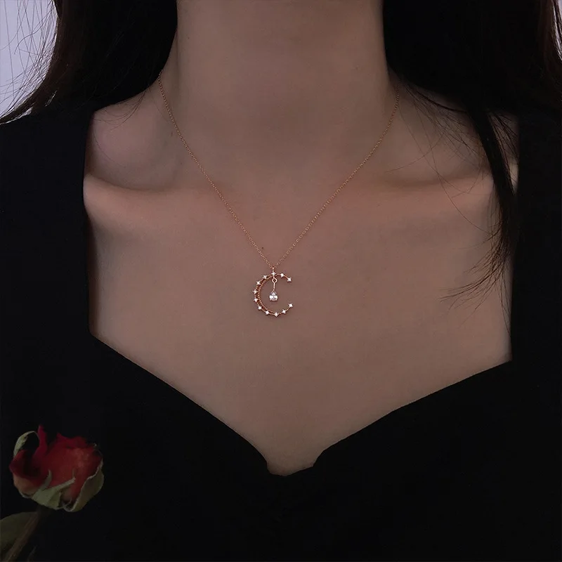 

LIVVY 925 Sterling Silver Zircon Moon Pendant Necklace For Women Girls Birthday Party Rose Gold Color Clavicle Chain