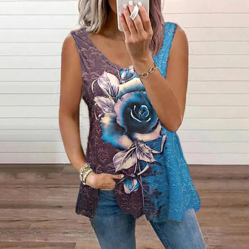 

5XL Loose Plus Size Shirt Women Sleeveless V-Neck Flower Print Blouses Summer Tank Beach Tops 2021 New Casual Streetwear Clothes