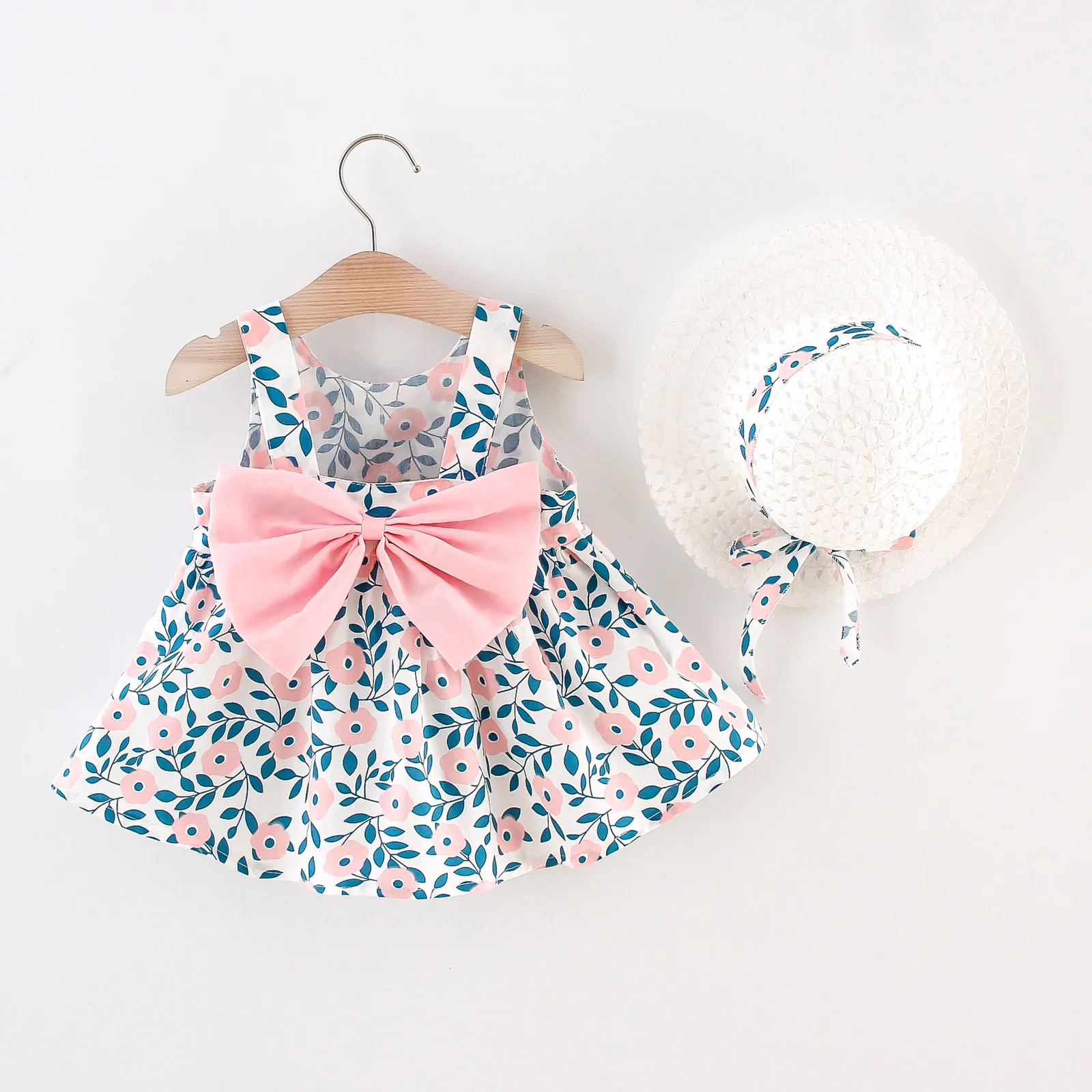 

Baby Girls Beach Princess Dress Cute Bow Flowers Sleeveless Cotton Summer Toddler Dresses+sun Hat Newborn Clothing Set Vestidos