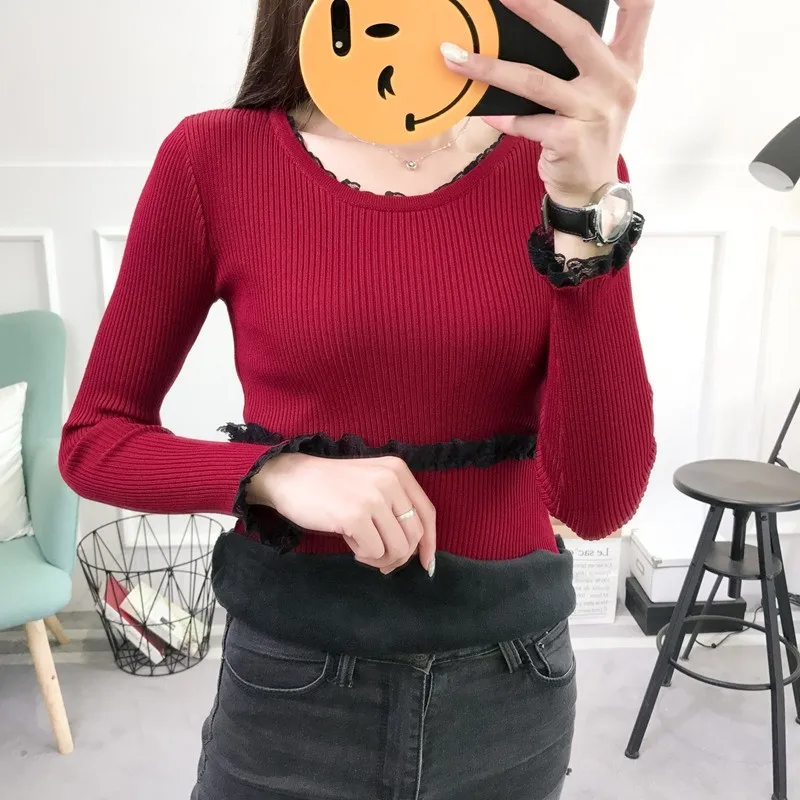 Женский джемпер с флисовой подкладкой вязаный теплый лоскутный свитер кружевом