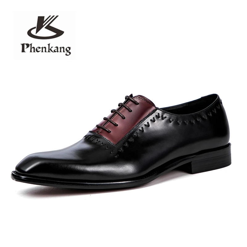 Black red Phenkang/мужские кожаные туфли; модельные туфли в деловом стиле; мужские брендовые свадебные туфли из натуральной воловьей кожи с черной шнуровкой - Цвет: Black red