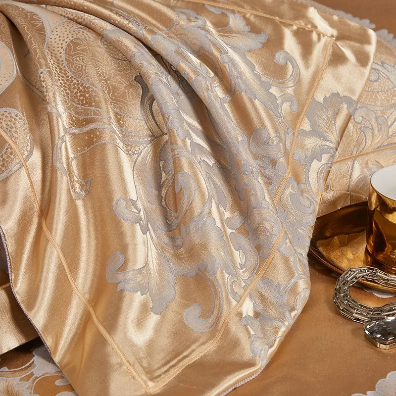 

Luxury 4Pcs Golden Gray Jacquard Soft Satin Silky Bedding set Down Duvet Cover with Zipper Closure Bed Sheet Pillowcases