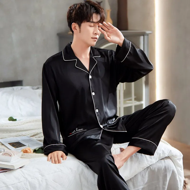 

Men Pajamas Set Satin Sleepwear 2 Piece Suit Casual Pyjamas Lounge Wear Male Sleep Tops Shirt&Pants Solid Nightwear Pijamas