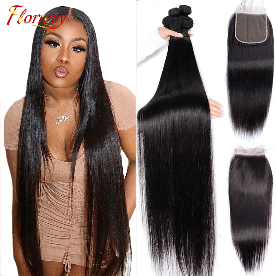 

Natural Brazilian Straight Hair Bundles With Closure 10-30 Inch Remy Human Hair Weave Bundles with Closure 4X4 Lace