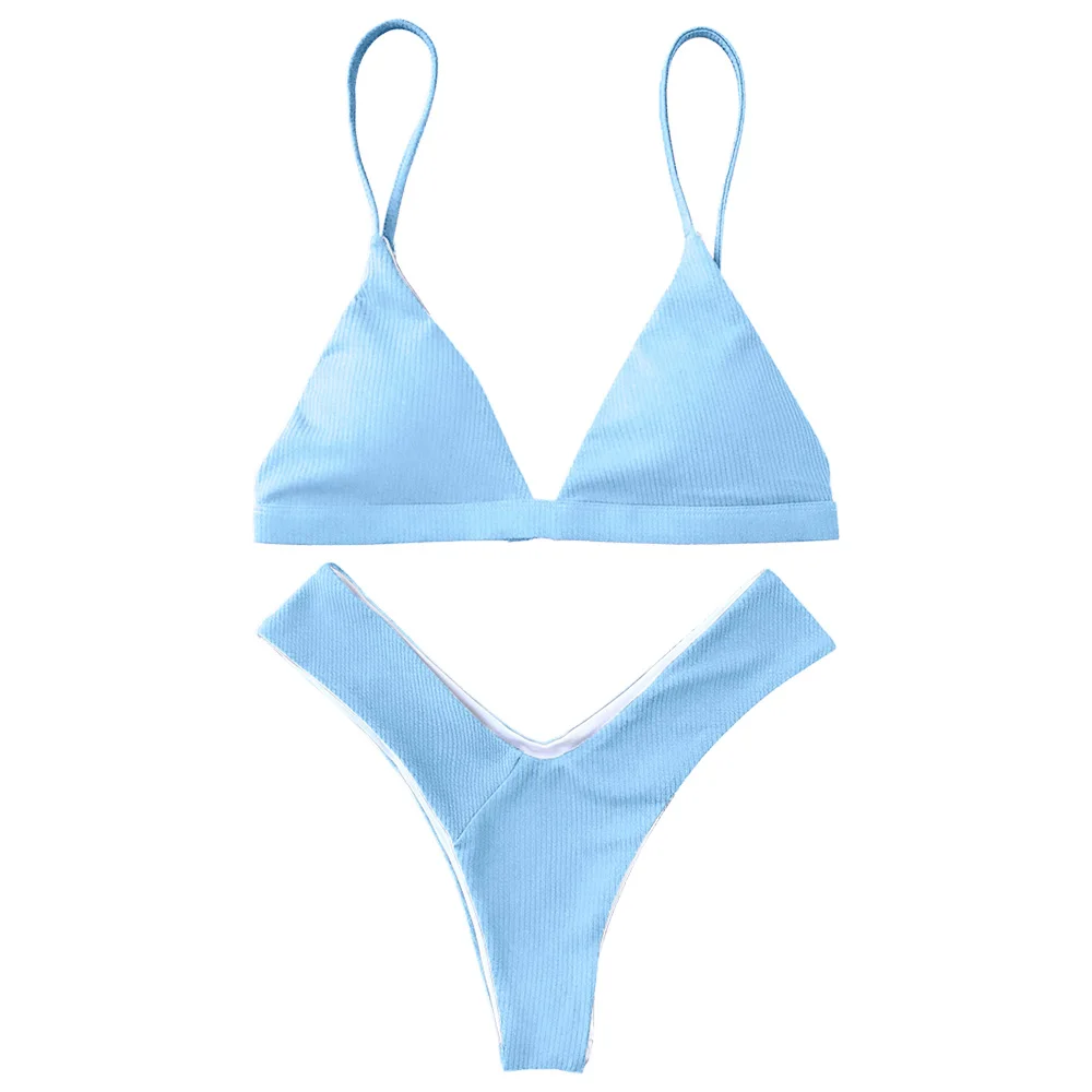 Light Blue ZAFUL, текстурированный, с высокой посадкой, мягкий, с глубоким вырезом, комплект бикини, на тонких бретелях, однотонный, летний, купальный костюм, эластичный, с низкой талией, купальный костюм - Цвет: Light Blue