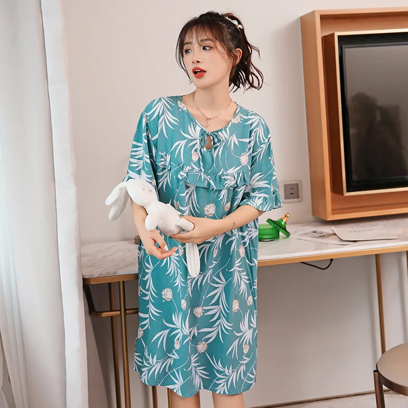 

Spring Viscose Nightdress for Women Half Sleeve Floral Printed Breathable Soft Comfy Sleepdress Casual Nightgown Long Homewear