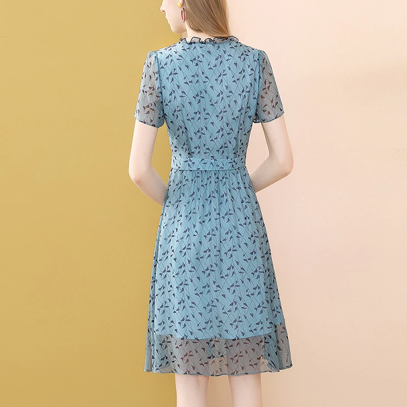 

Fashion Printed Short Sleeve Summer Party Dress A-line Lace V-Neck knee Length Dress High Elastic Waist Slim Dresses Temperament