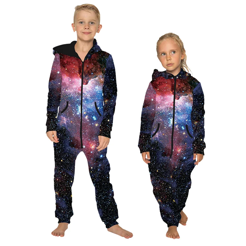 

Boys Girls Velvet Long Sleeves Starry Sky 3D Printed Zipper Hooded Jumpsuit Halloween Cosplay Costumes Pajamas Kids Party Outfit
