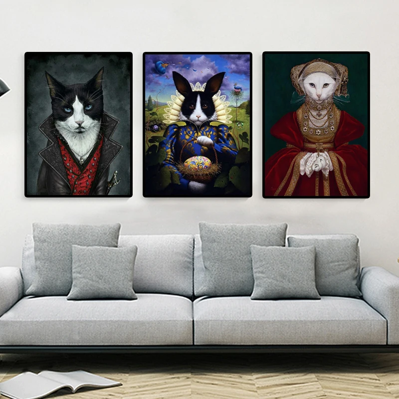 Кошка Собака корова портрет Винтаж Wall Art Холст Картина Nordic Плакаты и принты