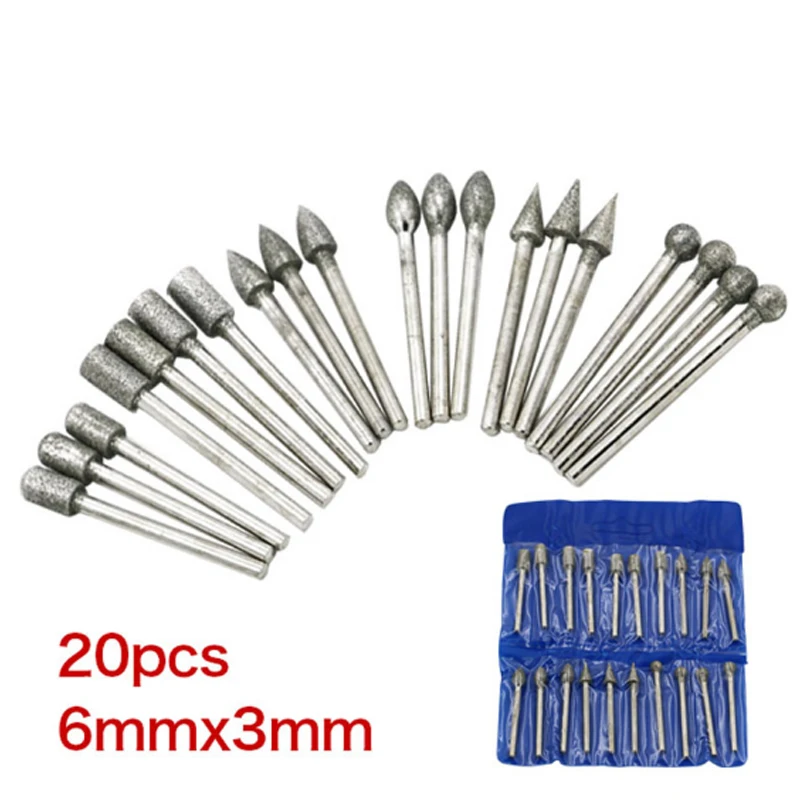 

Алмазная роторная пилка, гравировальная шлифовальная машина, шлифовальный стеклянный камень, металлический инструмент для шлифовальной машины, подвесная мельница, 20 шт./компл., 6х3 мм