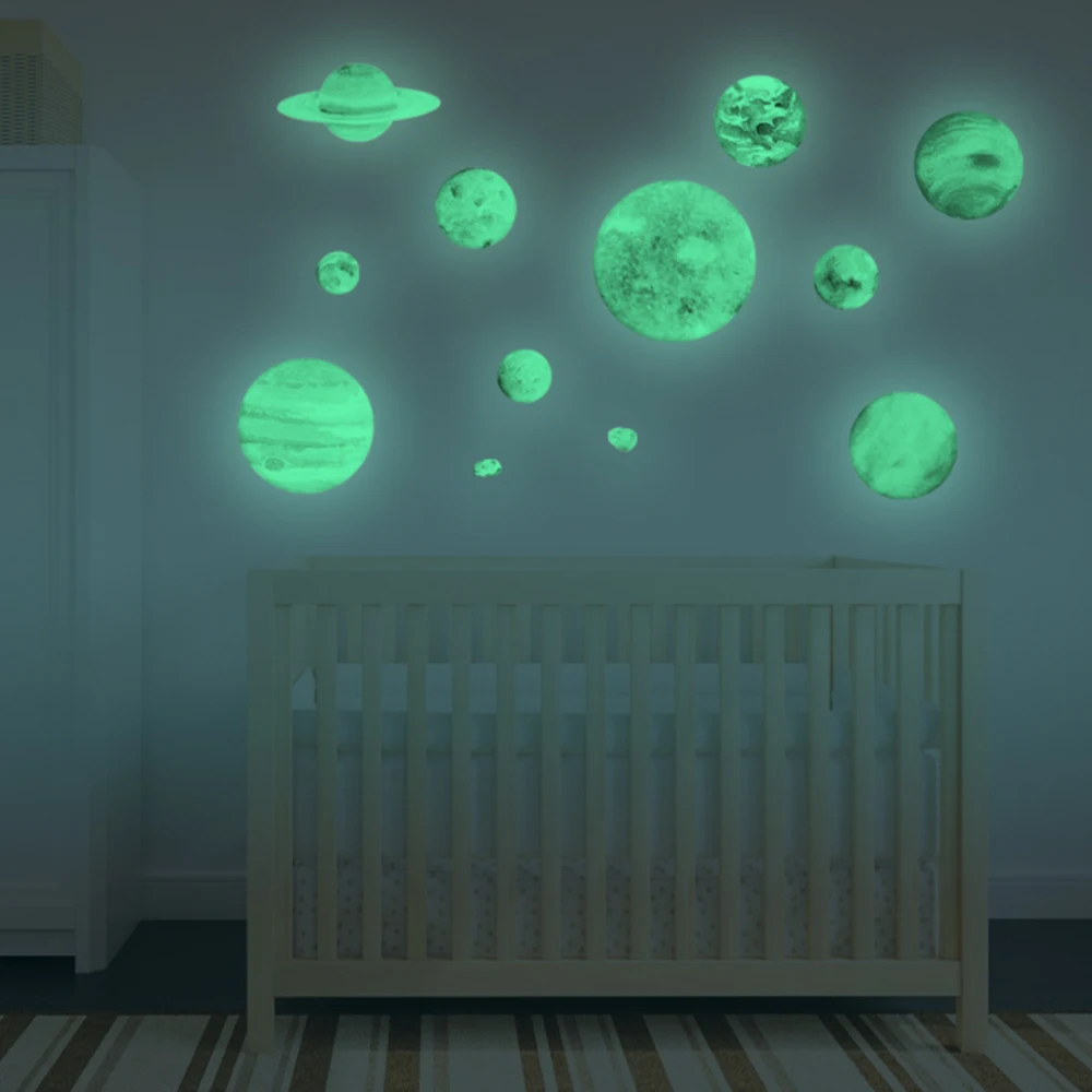 Bright Solar System Wall Stickers Glow in The Dark Sun with 9 Planets Glowing Ceiling Decals Shining Space Decoration for Home | Дом и сад