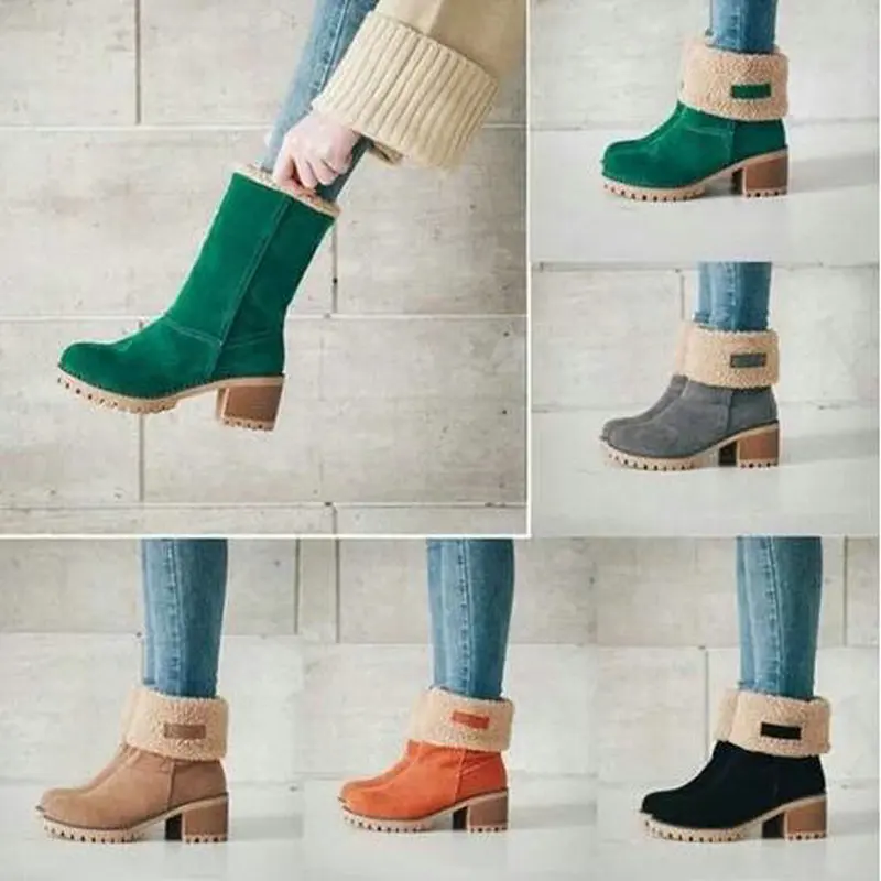 

Winter Plush Warm Women Boots 2019 Women Square Heel Ankle Snow Boots Ladies Platform Artificial Fur Female Casual Shoes