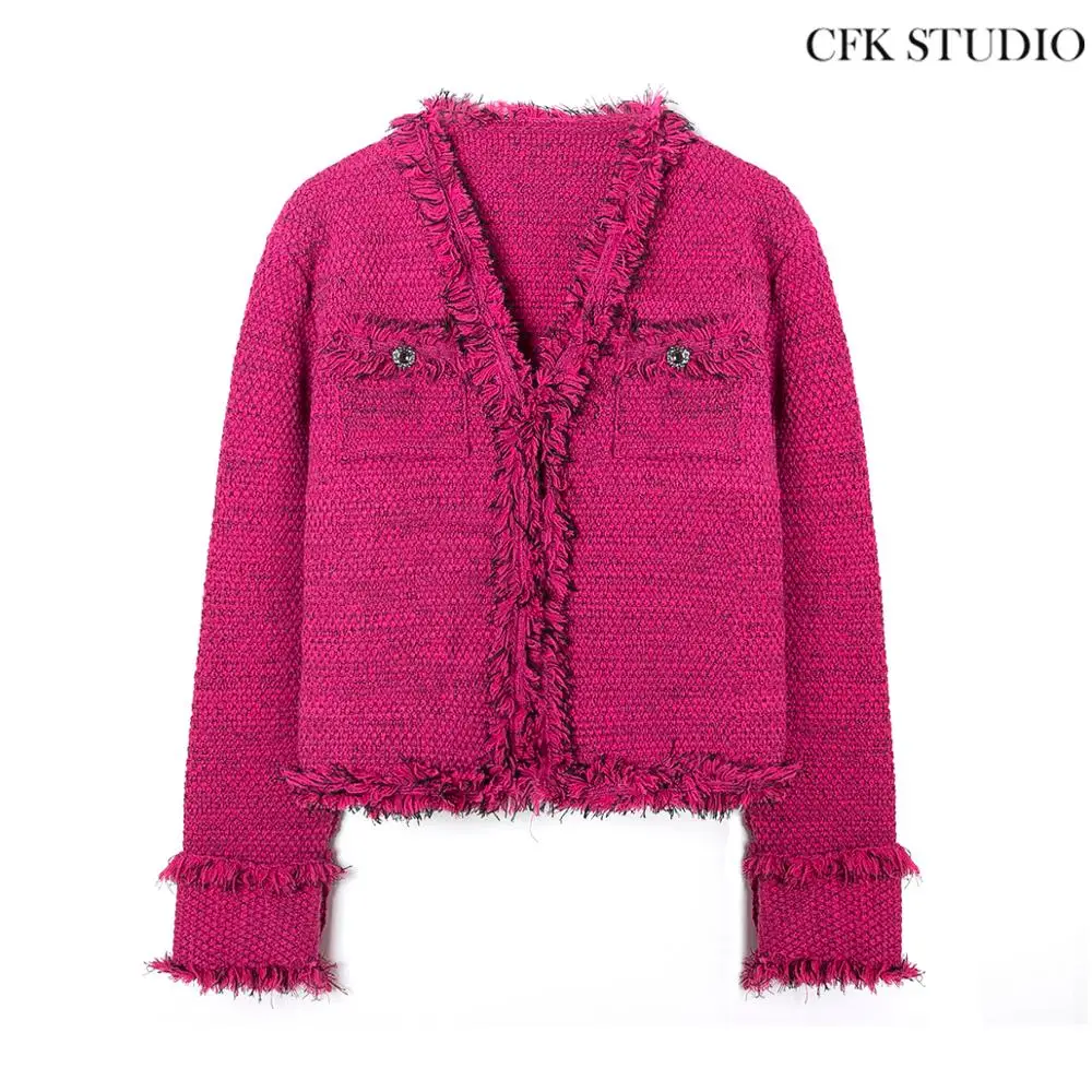 Женская твидовая куртка однотонная Повседневная Свободная розово красного