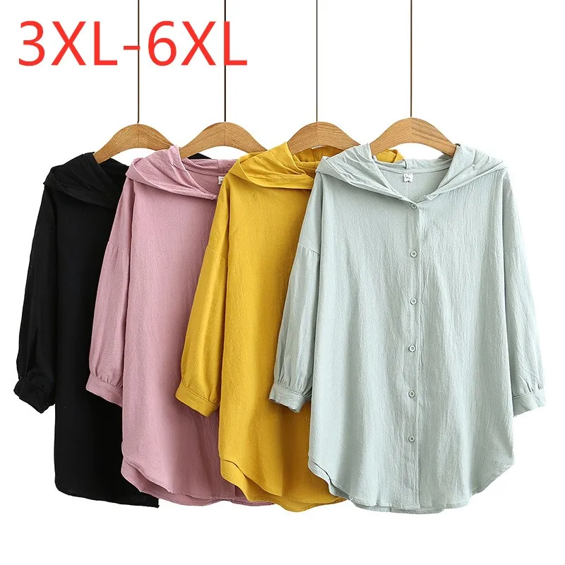 

New 2021 Ladies Spring Autumn Plus Size Hoodie Tops For Women Large Blouse Long Sleeve Casual Cotton Linen Shirt 3XL 4XL 5XL 6XL
