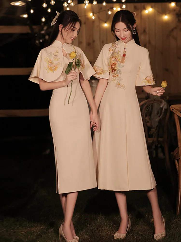 Bridesmaid Dress Chinese Cheongsam Retro Elegant Autumn and Winter Champagne Daily Style | Дом и сад