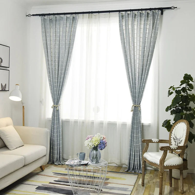 Korean-style Curtains for Living Dining Room Bedroom Solid Color Lattice Hemp Curtain Pink Blue Green Gray Five Colors Available | Дом и сад