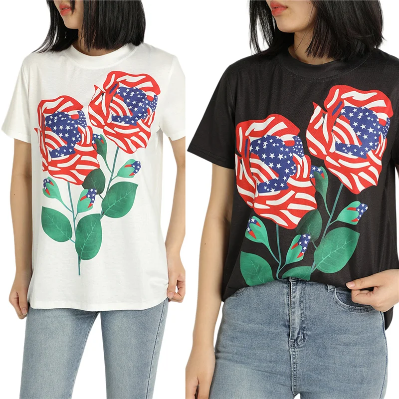 

Женская летняя свободная футболка, повседневные топы с коротким рукавом и круглым вырезом, с принтом американского флага розы, S/M/L/XL