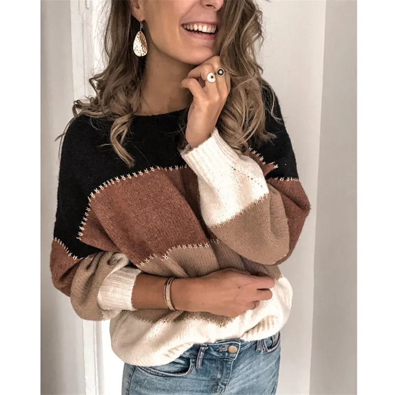 

Plus Size Women Sweaters 2020 Winter Patchwork Striped Casual Knitted Pullovers