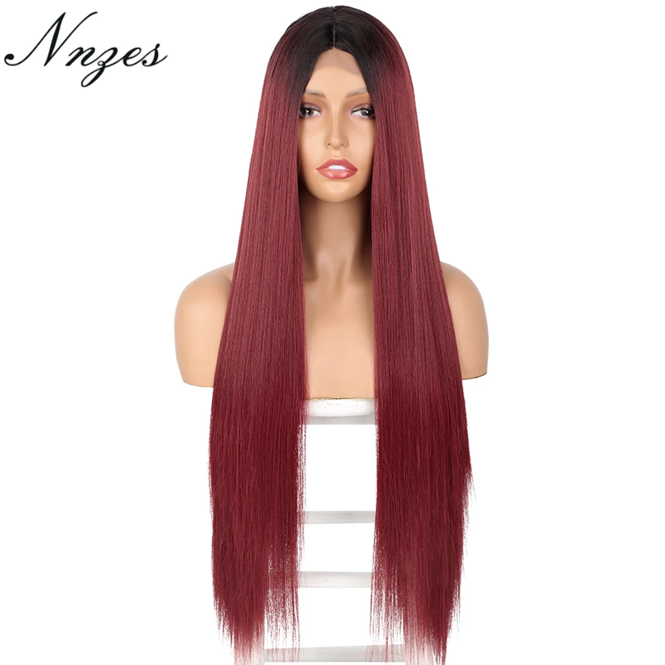 

NNZES 24&30 Inches Long Straight Ombre Red Synthetic Wig Middle Part Wigs for Women Pink Blonde Color Heat Resistant Fiber