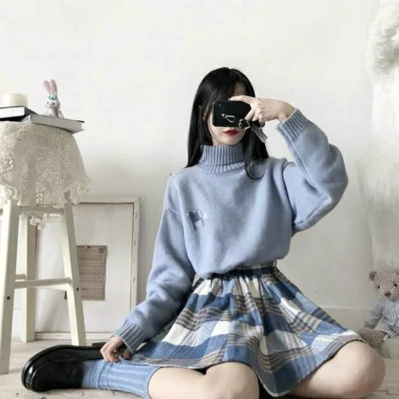 

Merry Pretty Spring 2 Piece Set Women's set Blue Sweater and Plaid Pleasted Skirt Set 2 Pieces Outfits Women Matching Set