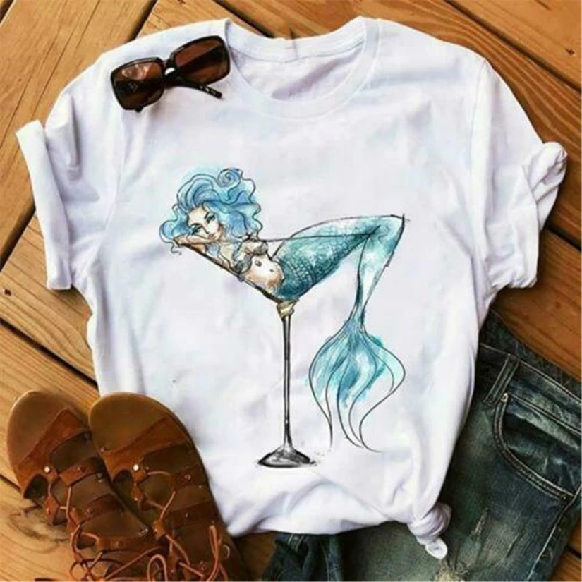 Женская футболка Русалка в коктейле белая хлопковая Футболка S-3Xl M Xl 2Xl 13Xl |