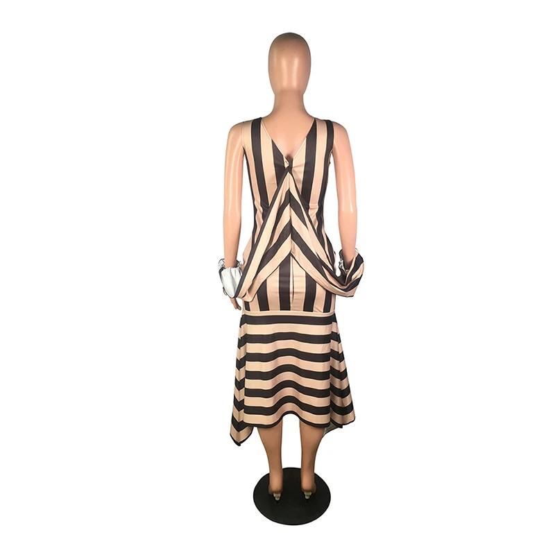 

Women Irregular Batwing Sleeve Striped Long Dress Ladies Casual Mid-calf Dress Streetwear