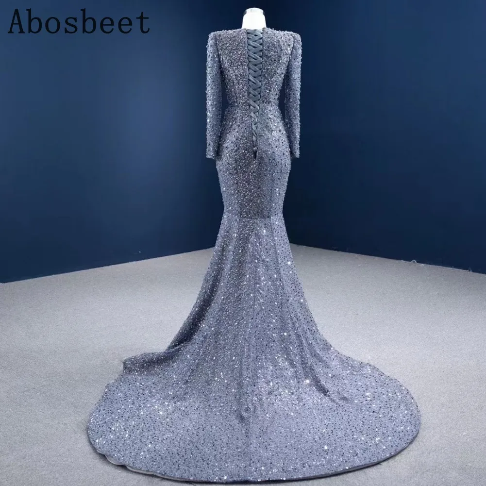 Grey Evening Dress Long Sleeve with Chapel Train Shining Beads Mermaid Evening Gown Formal Women Prom Party Gowns Lace Up Back